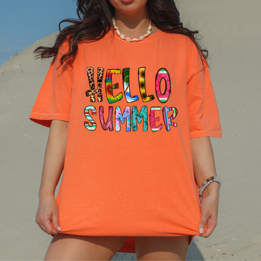 Hello Summer on Melon Comfort Colors Tee